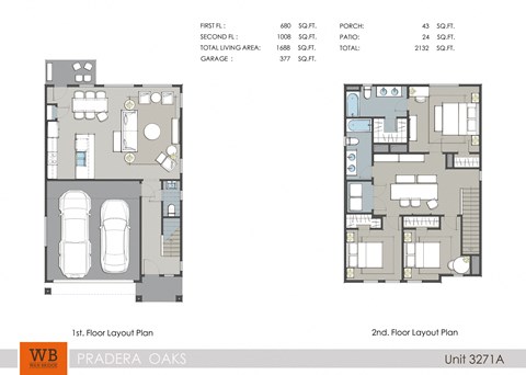 3 bedroom 2.5 bathroom  3271A 1,688-to1,707 Sq.Ft. Floor Plan at Pradera Oaks, Texas, 77583